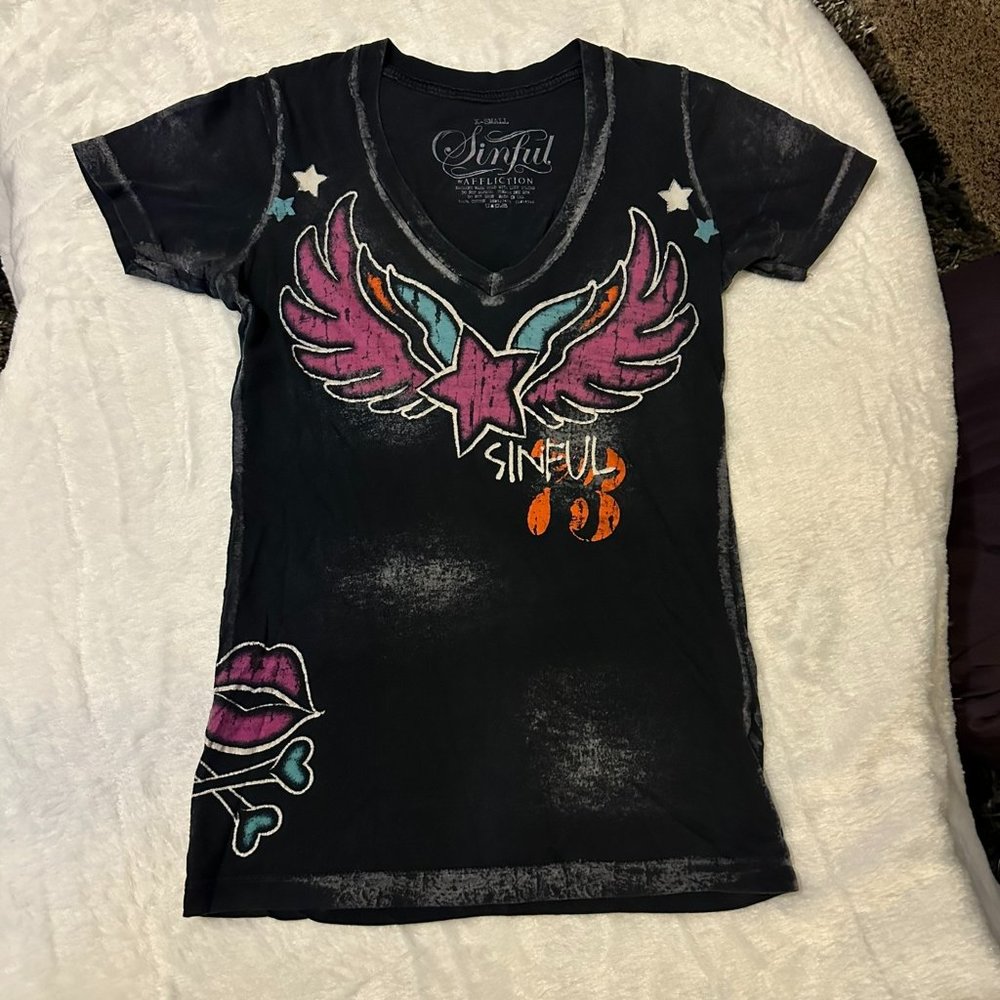 Sinful by Affliction bling tattoo t-shirt size XS